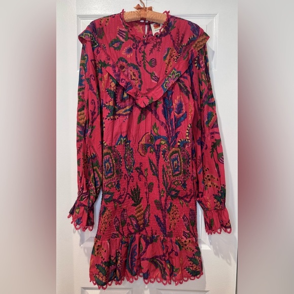 FARM Rio Sunset Tapestry Blush Mini in Red Smocked Cotton Dress size Large EUC - Picture 2 of 12